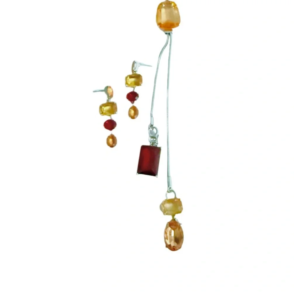 WHBM Crystal Necklace and Earring Set Ruby Red Topaz Brown Gold Silver